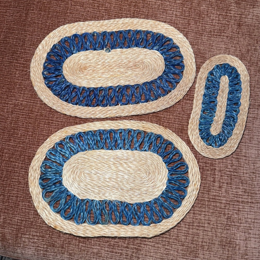 Vintage Woven Seagrass Oval Trivets Navy Blue Raffia Loop Border Set of 3 Boho